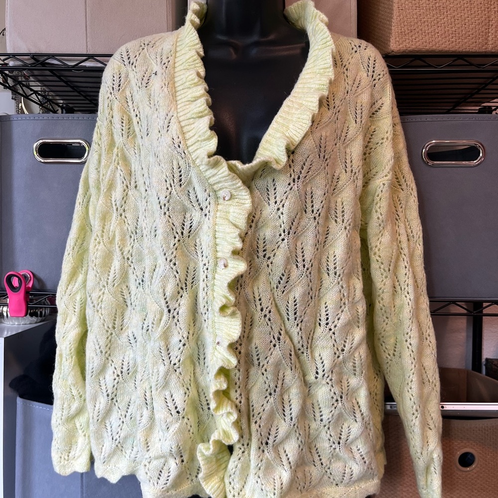 Rumored Light Green Openwork Ruffle-Trim Cardigan